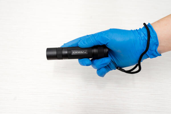 Hand wearing blue glove holding a UV torch
