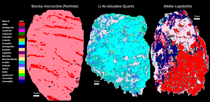 Mineral map of three rock chips. It has a legend on the left side stating what minerals are present.